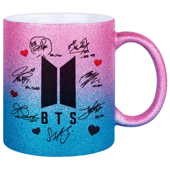 BTS signs, Κούπα Χρυσή/Μπλε Glitter, κεραμική, 330ml