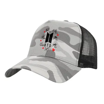 BTS signs, Adult Structured Trucker Hat, with Mesh, (Camouflage) Army Camo (100% COTTON, ADULT, UNISEX, ONE SIZE)