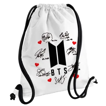 BTS signs, Τσάντα πλάτης πουγκί GYMBAG λευκή, με τσέπη (40x48cm) & χονδρά κορδόνια
