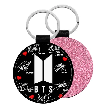 BTS signs, Μπρελόκ Δερματίνη, στρογγυλό ΡΟΖ (5cm)