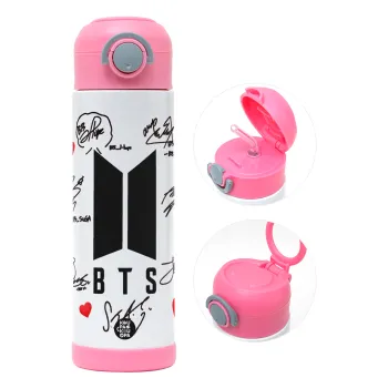 BTS signs, Children's hot water bottle, stainless steel, with safety straw, PINK (500ml)