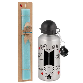 BTS signs, Easter Set, metallic silver aluminum water bottle (500ml) & scented flat Easter candle (30cm) (TURQUOISE)