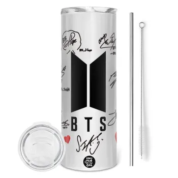 BTS signs, Tumbler ποτήρι θερμό από ανοξείδωτο ατσάλι 600ml, με μεταλλικό καλαμάκι & βούρτσα καθαρισμού
