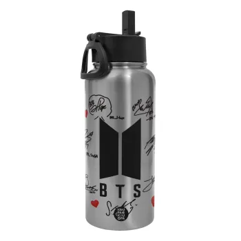 BTS signs, Metal mug thermo Silver with Straw and Spout Lid (Stainless steel), double wall, 950ml