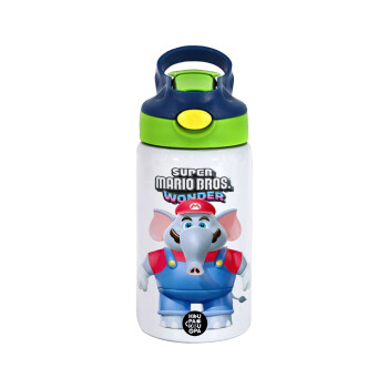 Super mario wonder, Children's hot water bottle, stainless steel, with safety straw, green, blue (350ml)