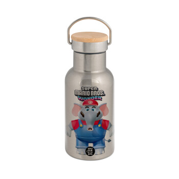 Super mario wonder, Stainless steel metallic thermos flask, silver with a bamboo lid, double-walled, 350ml.