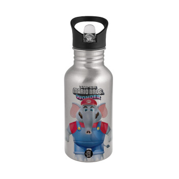 Super mario and Friends, Water bottle Silver with straw, stainless steel 500ml