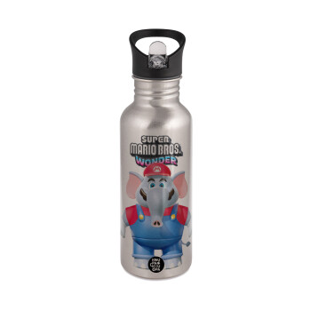 Super mario and Friends, Water bottle Silver with straw, stainless steel 600ml