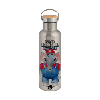 Super mario and Friends, Stainless steel Silver with wooden lid (bamboo), double wall, 750ml