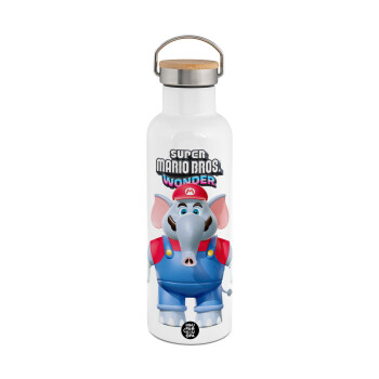 Super mario and Friends, Stainless steel White with wooden lid (bamboo), double wall, 750ml