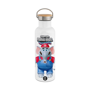Super mario wonder, Stainless steel White with wooden lid (bamboo), double wall, 750ml