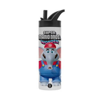 Super mario wonder, Metallic thermos bottle with straw & handle, stainless steel (Stainless steel 304), double-walled, 600ml.