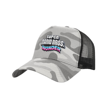 Super mario wonder, Adult Structured Trucker Hat, with Mesh, (Camouflage) Army Camo (100% COTTON, ADULT, UNISEX, ONE SIZE)