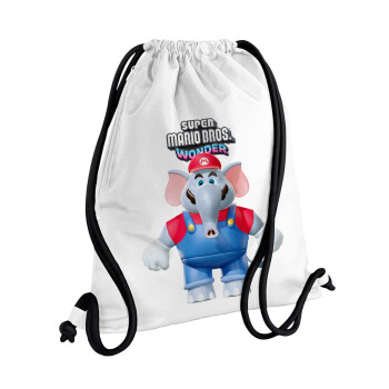 Super mario wonder, Backpack pouch GYMBAG white, with pocket (40x48cm) & thick cords
