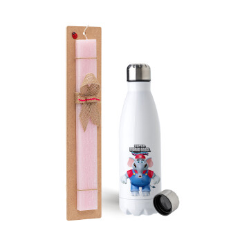 Super mario wonder, Easter Set, metallic stainless steel water bottle (750ml) & scented flat Easter candle (30cm) (PINK)