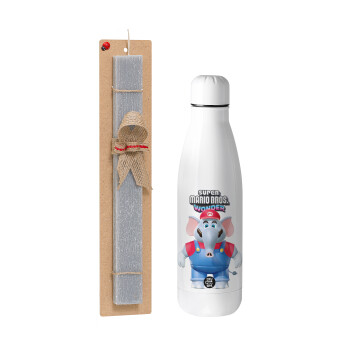 Super mario wonder, Easter Set, metallic stainless thermos bottle (500ml) & scented flat Easter candle (30cm) (GRAY)