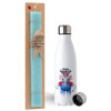 Easter Set, metallic stainless steel water bottle (750ml) & aromatic flat Easter candle (30cm) (TURQUOISE)