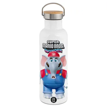 Super mario wonder, Stainless steel White with wooden lid (bamboo), double wall, 750ml