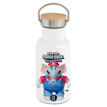 Super mario wonder, Metallic thermos (Stainless steel) White with wooden lid (bamboo), double-walled, 350ml