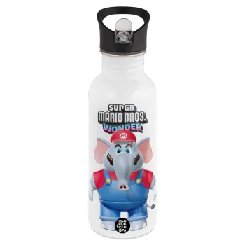 Super mario wonder, White water bottle with straw, stainless steel 600ml