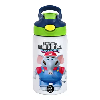 Super mario wonder, Children's hot water bottle, stainless steel, with safety straw, green, blue (350ml)