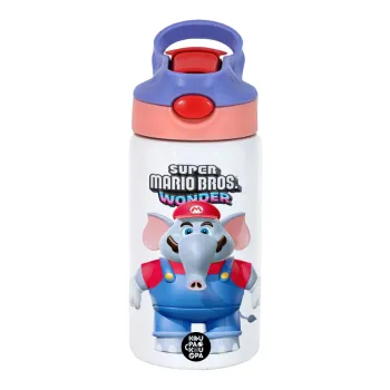 Super mario wonder, Children's hot water bottle, stainless steel, with safety straw, pink/purple (350ml)