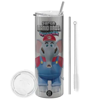 Super mario wonder, Tumbler ποτήρι θερμό Ασημένιο από ανοξείδωτο ατσάλι 600ml, με μεταλλικό καλαμάκι & βούρτσα καθαρισμού