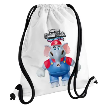 Super mario wonder, Backpack pouch GYMBAG white, with pocket (40x48cm) & thick cords