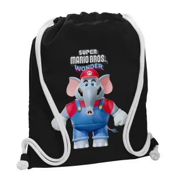 Super mario wonder, Τσάντα πλάτης πουγκί GYMBAG Μαύρη, με τσέπη (40x48cm) & χονδρά λευκά κορδόνια