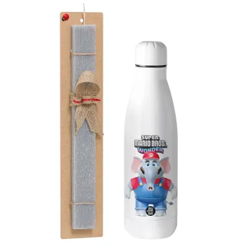 Super mario wonder, Easter Set, metallic stainless thermos bottle (500ml) & scented flat Easter candle (30cm) (GRAY)
