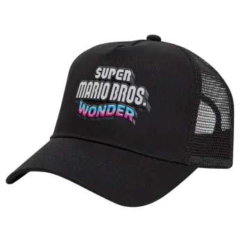 Super mario wonder, Trucker Hat with Mesh, Black, (COTTON, KIDS, UNISEX, ONE SIZE)
