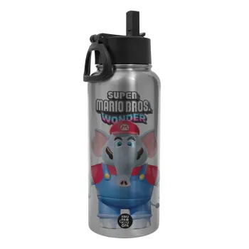 Super mario wonder, Μεταλλικό παγούρι θερμός Silver με καλαμάκι και χερούλι (Stainless steel), διπλού τοιχώματος, 950ml