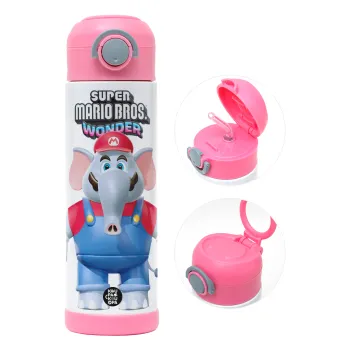 Super mario wonder, Children's hot water bottle, stainless steel, with safety straw, PINK (500ml)