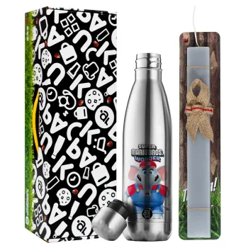 Super mario wonder, Easter Set, metallic stainless thermos flask (500ml) & scented flat Easter candle (30cm) (GRAY)