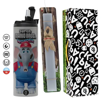 Super mario wonder, Easter candle with Grey Tumbler Thermo 600ml & aromatic flat candle (30cm) (GREY)