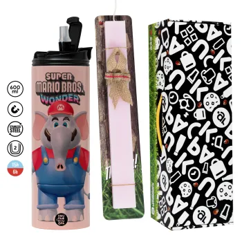 Super mario wonder, Easter candle,Travel Tumbler 2 Lids, with metal straw & cleaning brush & aromatic flat candle (30cm) (PINK)