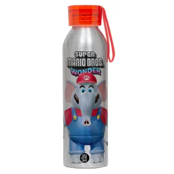 Super mario wonder, Αλουμινένιο Αθλητικό Μπουκάλι 650ml – Ασημί με Κόκκινο Καπάκι και Λουράκι Σιλικόνης