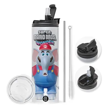 Super mario wonder, Travel Tumbler θερμό με διπλό καπάκι, μεταλλικό καλαμάκι και βούρτσα καθαρισμού (Ανωξείδωτο 304 Food grade, BPA free, 600ml)
