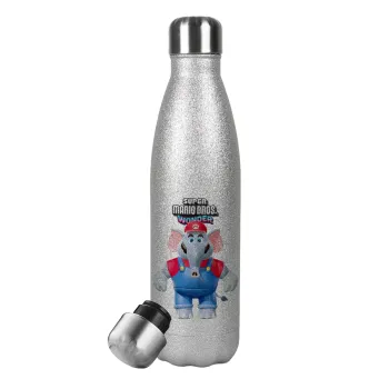 Super mario wonder, Μεταλλικό παγούρι θερμός Glitter Aσημένιο (Stainless steel), διπλού τοιχώματος, 500ml