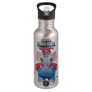 Super mario wonder, Παγούρι νερού Ασημένιο με καλαμάκι, ανοξείδωτο ατσάλι 600ml