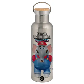Super mario wonder, Stainless steel Silver with wooden lid (bamboo), double wall, 750ml