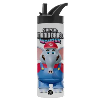 Super mario wonder, Μεταλλικό παγούρι θερμός με καλαμάκι & χειρολαβή, ανοξείδωτο ατσάλι (Stainless steel 304), διπλού τοιχώματος, 600ml