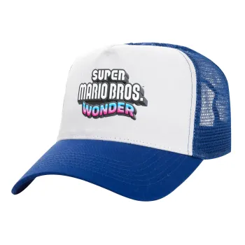 Super mario wonder, Adult Structured Trucker Hat, with Mesh, WHITE/BLUE (100% COTTON, ADULT, UNISEX, ONE SIZE)