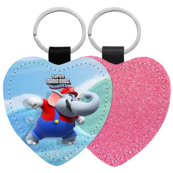 Super mario wonder, Μπρελόκ PU δερμάτινο glitter καρδιά ΡΟΖ