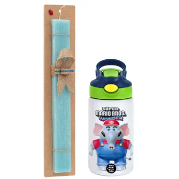 Super mario wonder, Easter Set, Children's thermal stainless steel bottle with safety straw, green/blue (350ml) & aromatic flat Easter candle (30cm) (TURQUOISE)