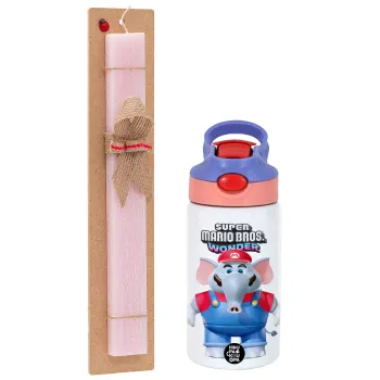 Super mario wonder, Πασχαλινή Λαμπάδα με Παιδικό παγούρι θερμό, ανοξείδωτο, με καλαμάκι ασφαλείας, ροζ/μωβ (350ml) & κερί αρωματικό πλακέ (30cm) (ΡΟΖ)
