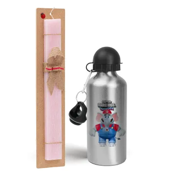 Super mario wonder, Easter Set, metallic Silver aluminum water bottle (500ml) & scented flat Easter candle (30cm) (PINK)