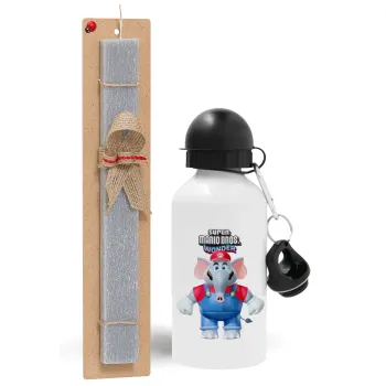 Super mario wonder, Easter Set, metallic aluminum water bottle (500ml) & aromatic flat Easter candle (30cm) (GRAY)