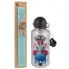 Easter Set, metallic silver aluminum water bottle (500ml) & scented flat Easter candle (30cm) (TURQUOISE)