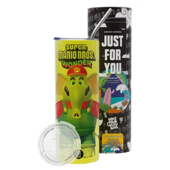 Super mario wonder, Neon Yellow Travel Tumbler θερμό, μεταλλικό καλαμάκι(Ανωξείδωτο 304 Food grade, BPA free, 600ml)